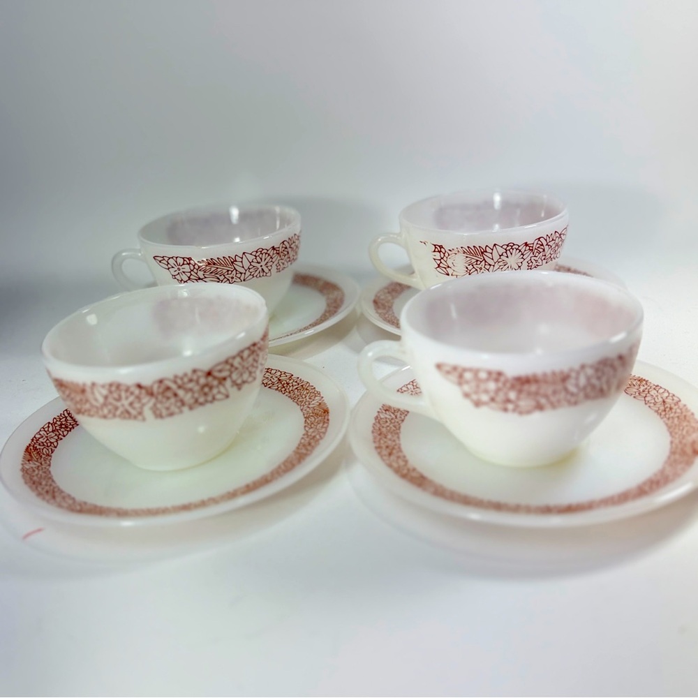 Set Of 4 Termo Rey Milk Glass Woodland Pattern Cups & Saucer Plates Brazil